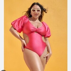 Fe Noel X Target  Metallic Puff Sleeve Cut Out One Piece Swimsuit NWOT